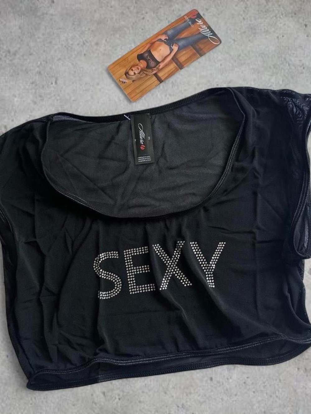 Allure Black Mesh Crop Top with Studded "SEXY" Logo